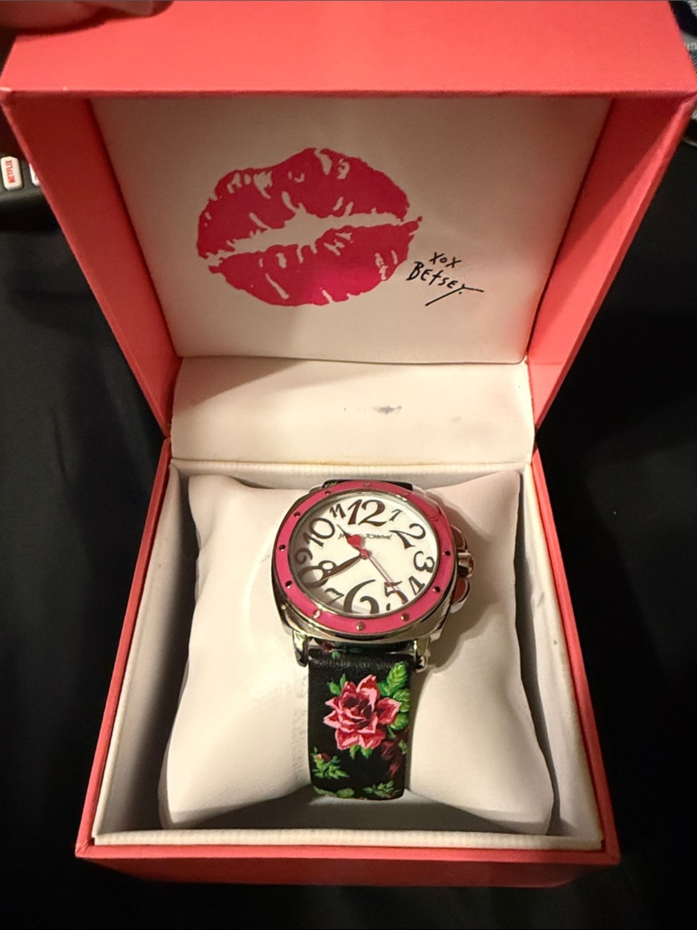 Betsey Johnson Pink Bezel Floral Strap Watch